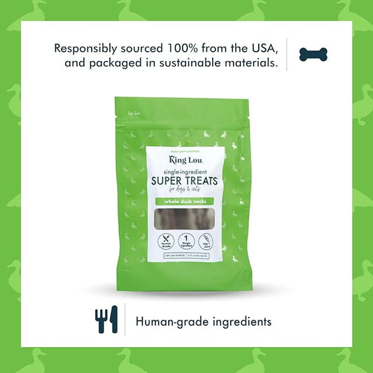 King Lou Pets - Whole Duck Necks for Dogs and Cats - Single Ingredient Dog Treat - Dehydrated Cat Treats - USA-Made Dog and Cat Treats - Supports Hip and Joint Health - 5 Count