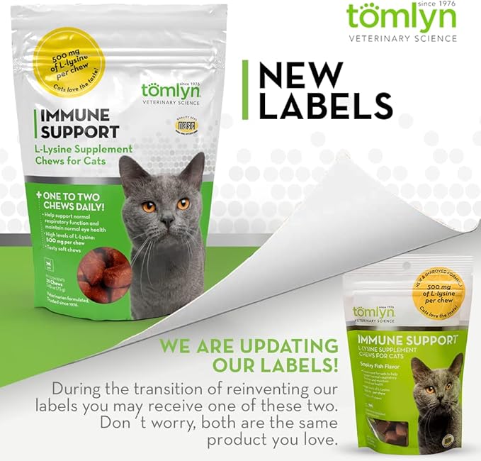 Tomlyn Immune Support Daily L-Lysine Supplement, Fish-Flavored Lysine Chews for Cats and Kittens, 30ct
