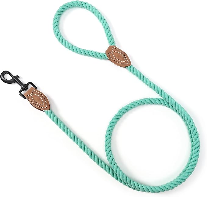 Mile High Life Dog Leash, Braided Cotton Rope Leashes with Leather Tailor Tip with Leather Tip - Heavy Duty Metal Clasp, 5FT, 1/2" Thick - Wedding, Walking Leash for Medium Large Dogs(Green)