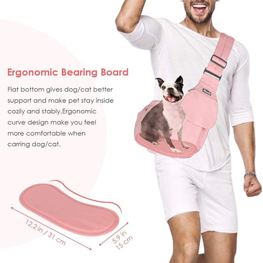 Lukovee Dog Sling Carrier, Hard Bottom Support & Adjustable Soft Padded Shoudler Strap Dog Slings for Small Dogs, Dog Purse with Drawstring Mesh Opening & Zipper Pockets for Puppy Cat Pet (Pink)