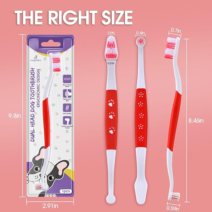 Dog Toothbrush – Newly Upgraded Dual-Head Design with 60° Wavy Bristles – Gently Surrounds Teeth for Deep Cleaning and Plaque Removal – Non-Slip Handle, Ideal for Daily Pet Dental Care (Red, 6-Pack)