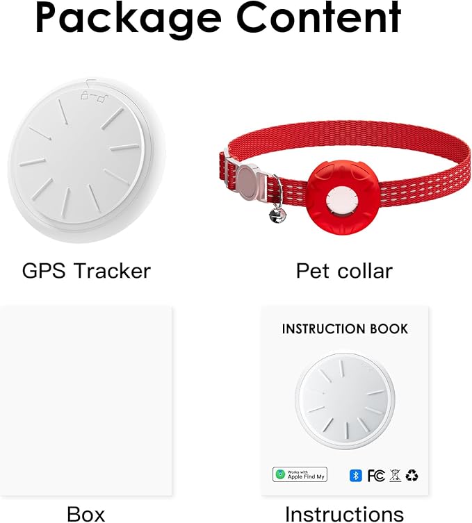 Smart Cat GPS Tracker, Cat Tracker Collar with Safety Elastic Buckle, Compatible with Apple Find My App (Only iOS), No Monthly Fee, Waterproof (White Tracker, Red Cat Collar)