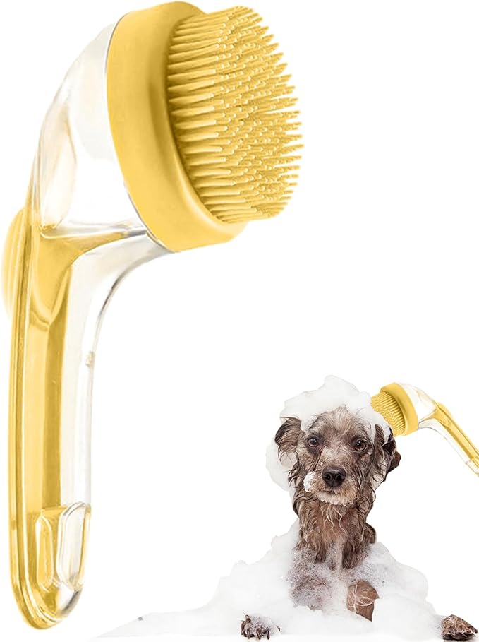 Pet Bath Brush,Dog Shampoo Brush Bubble Maker,New 2 in 1 Dog Bath Brush with Built-in Shampoo Dispenser,Bathing Dog Grooming Massage Brush for Showering Long and Short Haired Dogs and Cats(yellow)