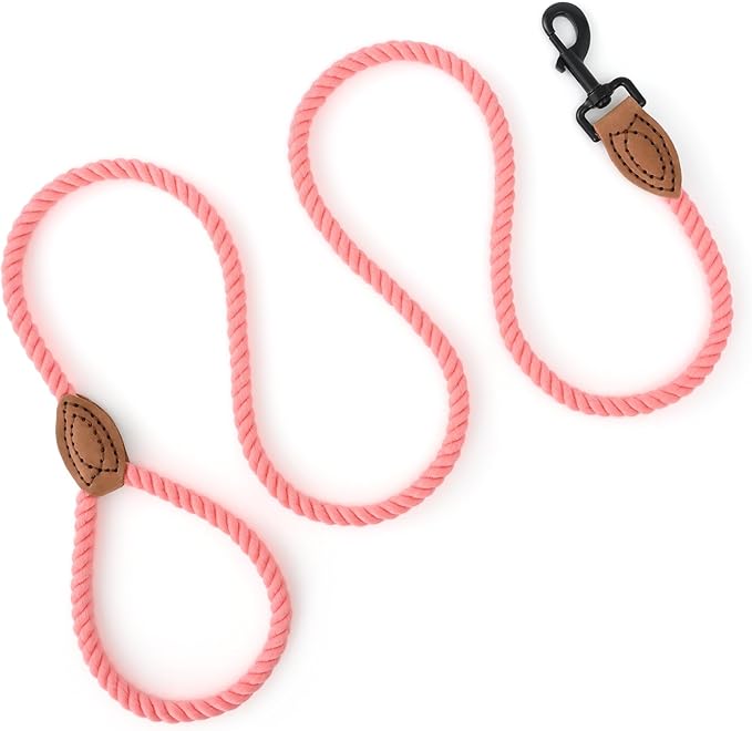 Mile High Life Dog Leash, Braided Cotton Rope Leashes with Leather Tailor Tip with Leather Tip - Heavy Duty Metal Clasp, 6FT, 1/2" Thick - Wedding, Walking Leash for Medium Large Dogs(Pink)