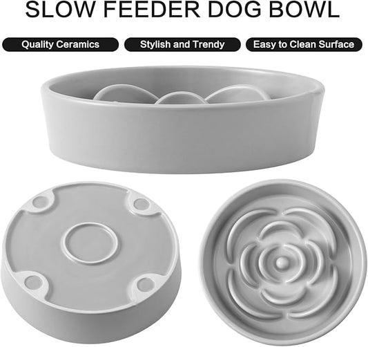 8.25'' Ceramic Slow Feeder Dog Bowls - Petal Shape Modern Dog Food Dish for Medium and Large Breeds, Puzzle Maze Bowl to Slow Down Eating, Anti-Gulping, Dishwasher & Microwave Safe, Grey