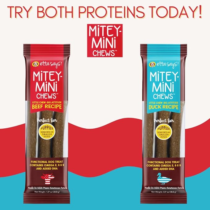 etta says! Mitey Mini Chews Dog Treats - Made in The USA - Grain-Free and Odor-Free - All-Natural Dog Chews - Perfect for Puppies and Senior Dogs - with Omega 3, 6, and 9 - Duck - 18 Pack - 54 Count