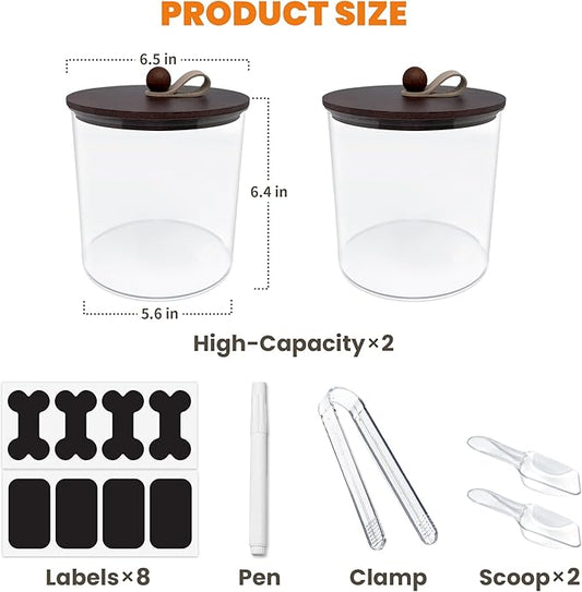 2 Pack Airtight Dog Food Storage Container,Dog Treat Container Dog Treat Jar with Wood Lids 6x5'',Pet Food Storage Container,Cat Food Container with Scoops,Food Tong,Labels,Pen