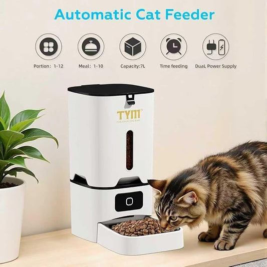 TYM Automatic Cat Feeder, 7L Cat Food Dispenser with 2.4G WiFi, Timed Cats Feeder with APP Control, Auto Pet Food Dispenser for Small Pets, Dogs, Fresh Food, Dual Power Supply, Detachable for Easy
