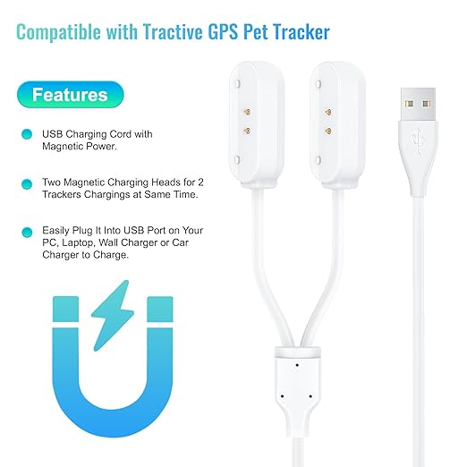 2-in-1 Magnetic USB Charger Cable for Tractive GPS Tracker - Fast Charging Cable Compatible with Tractive Smart Dog Pet GPS Tracker - Durable USB Charging Cord for Pet GPS Device (White)
