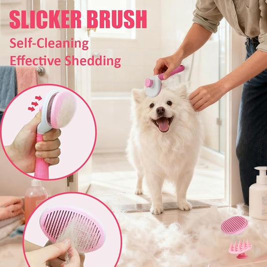 Dog Bath Brush Washing Kit - 5pcs Dog Grooming Washing Brush & Drying, Adjustable Handle Scrubber Massager Bathing Brush for Long & Short Haired Dogs, Scalp Scrubber Hair Bath Brush Set Pink