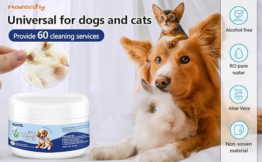 60Pcs Eyes Wipes for Dogs & Cats - Gently Remove Tear Stain, Debris, Discharge, Non Stinging Formula to Remove Eye Debris,Pet Cleaning Grooming Deodorizing Wipes Wash Cleaner for Eyes, Wrinkle, Face