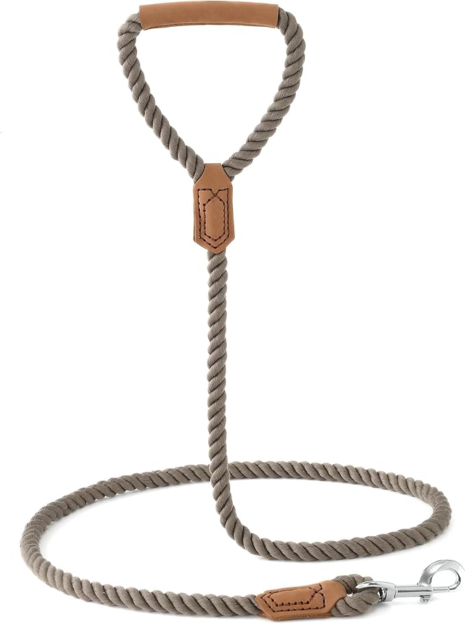 Mile High Life Dog Leash, Braided Cotton Rope Leashes with Leather Handle - Heavy Duty Metal Clasp, 5FT, 1/2" Thick - Wedding, Walking & Training Leash for Small Medium Large Dogs (Camel)