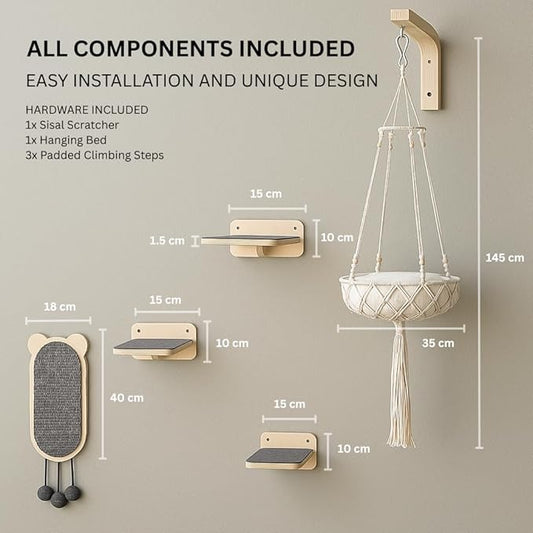Modern Cat Wall Furniture Set – 5-Piece Hanging Shelves with Macramé Bed, Scratcher & Climbing Steps – Boho Wooden Cat Wall for Indoor Cats