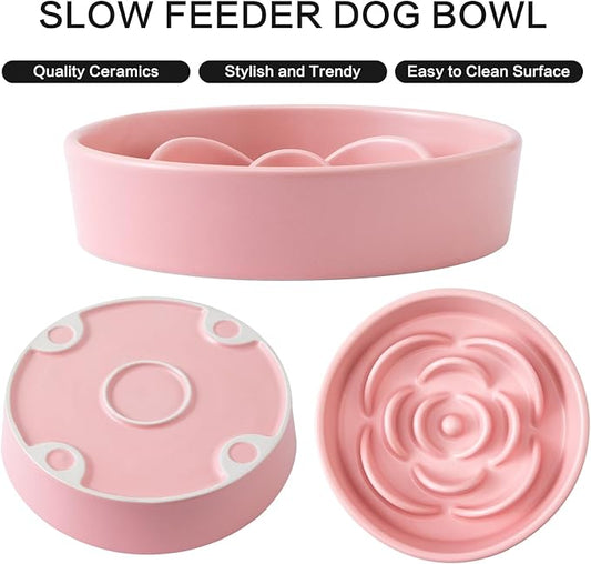 8.25'' Ceramic Slow Feeder Dog Bowls - Petal Shape Modern Dog Food Dish for Medium and Large Breeds, Puzzle Maze Bowl to Slow Down Eating, Anti-Gulping, Dishwasher & Microwave Safe, Pink