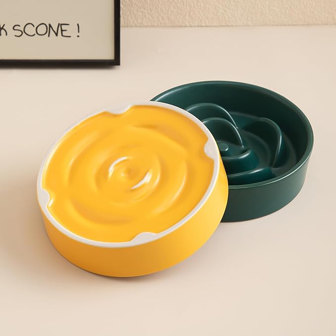 6'' Ceramic Slow Feeder Dog Bowls - Petal Shape Modern Dog Food Dish for Cats and Small Breed Dogs, Puzzle Maze Bowl to Slow Down Eating, Anti-Gulping, Dishwasher & Microwave Safe, Yellow