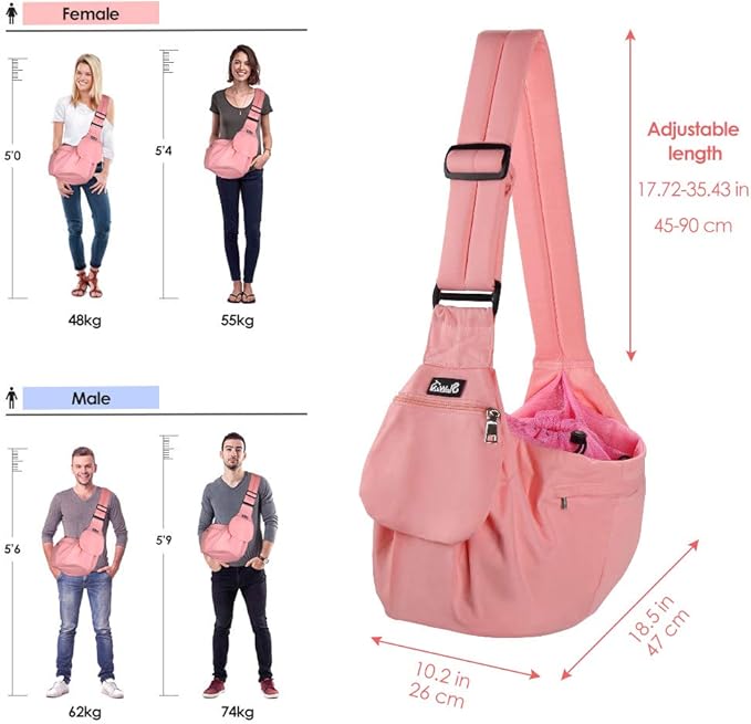 Lukovee Dog Sling Carrier, Hard Bottom Support & Adjustable Soft Padded Shoudler Strap Dog Slings for Small Dogs, Dog Purse with Drawstring Mesh Opening & Zipper Pockets for Puppy Cat Pet (Pink)