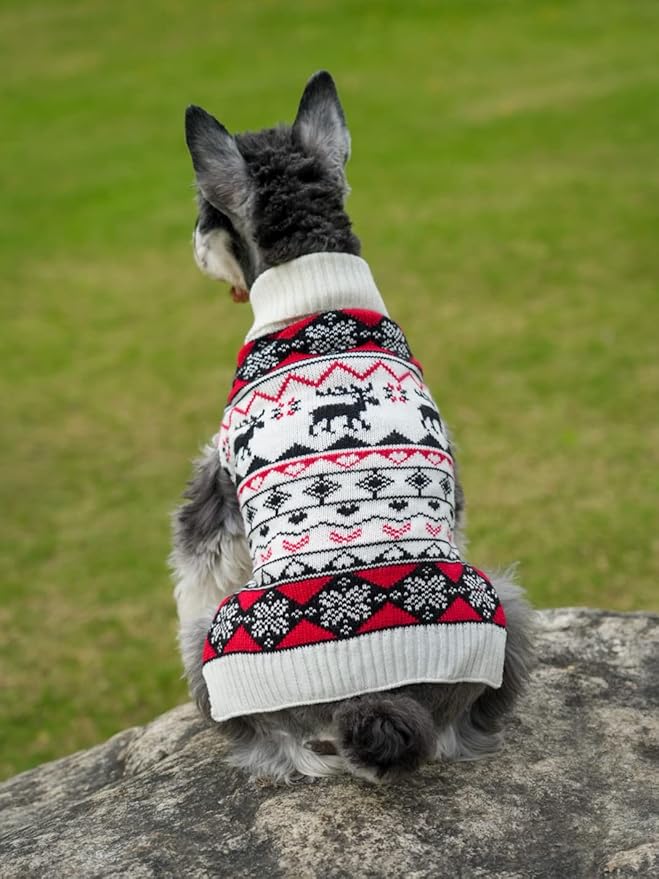 White Red Ugly Vintage Knit Reindeer Holiday Festive Christmas Dog Sweater for Small Dogs, Small (S) Back Length 12"
