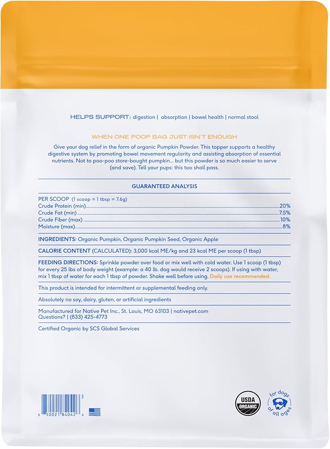 Native Pet Pumpkin for Dogs - Organic Powder Pumpkin Puree Dog Food Toppers-Rich in Fiber Supplement Powder Helps with Digestion, Nutrient Absorption, Diarrhea, Constipation & Upset Stomach-120 Scoops