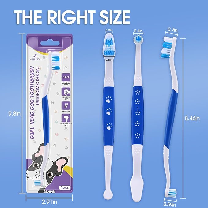 Dog Toothbrush – Newly Upgraded Dual-Head Design with 60° Wavy Bristles – Gently Surrounds Teeth for Deep Cleaning and Plaque Removal – Non-Slip Handle, Ideal for Daily Pet Dental Care (Blue, 1-Pack)