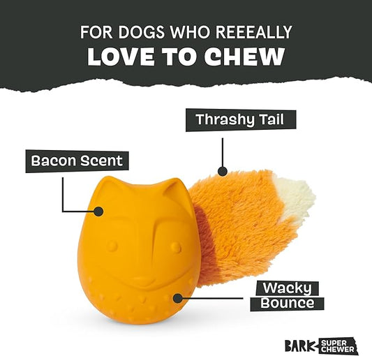 Barkbox Franz The Fox Dog Toy | Natural Rubber, Bacon Scented, Thrashy Tail & Wacky Bounce | Dog Toy for Aggressive Chewers