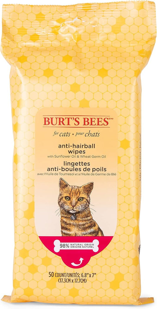 Burt's Bees for Pets Anti-Hairball Wipes for Cats with Sunflower Oil and Wheat Germ Oil, 98% Natural Origin Formulas, Cat Hairball Remedy, Cat Wipes for Hairballs, 50 Count - 6 Pack