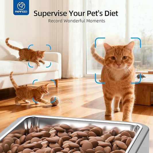 PAPIFEED Automatic Cat Feeder with Wide-Angle Camera, WiFi Pet Feeder with APP Control for Remote Feeding, Detachable for Easy Clean, Dual Power Supply,1-10 Meals Per Day for Multiple Pets(Gray)