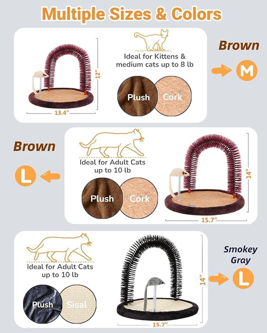 Happi N Pets Original Cat Self Groomer, Arch Grooming Brush wtih Heavy Wooden Scratching Pad, Rubbing Post & Toy, Cat Face Scratchers Body Massager, Cat Scratchers for Indoor Cats, Brown