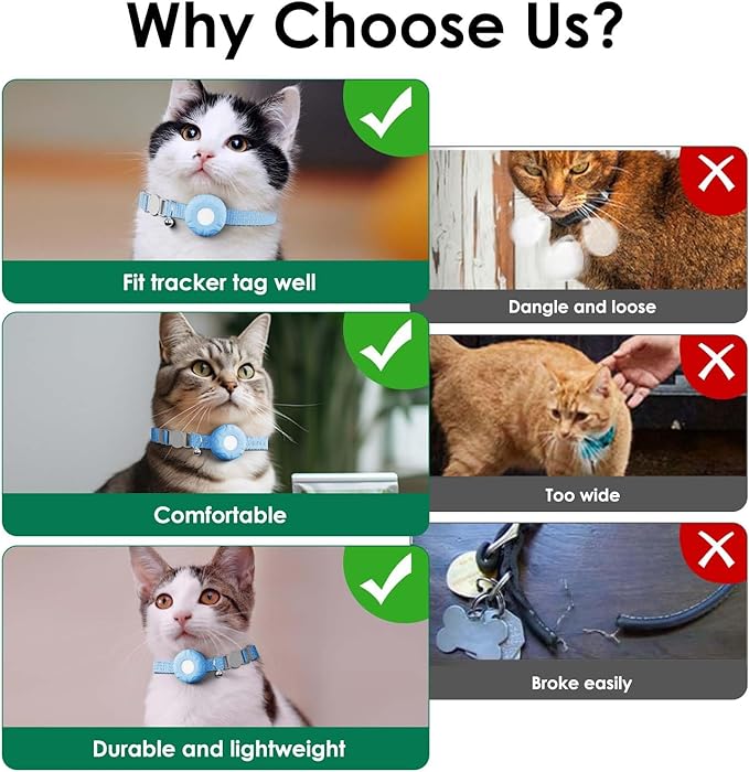 GPS Tracker for Cats, Compatible with Apple Find My App (Only iOS), No Monthly Fee, Waterproof (White Tracker, Blue Cat Collar)