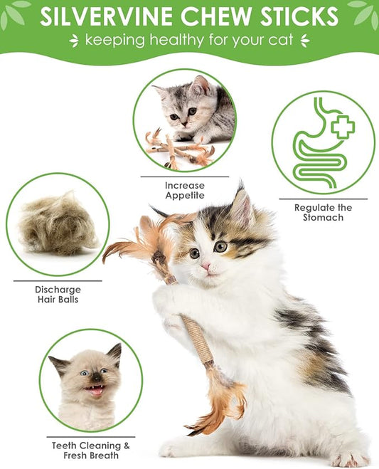 TINDTOP Silvervine Sticks for Cats with Natural Feather, Catnip Chew Toys for Kittens Teeth Cleaning, Increase Appetite, Calm Cat Anxiety and Stress, Cat Dental Toy (3 Pack)