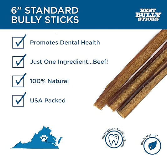 Best Bully Sticks 6 Inch Bully Sticks - 8 oz (Pack of 1) - Natural Grass-Fed, Grain and Rawhide Free, Great for Medium or Large Pets