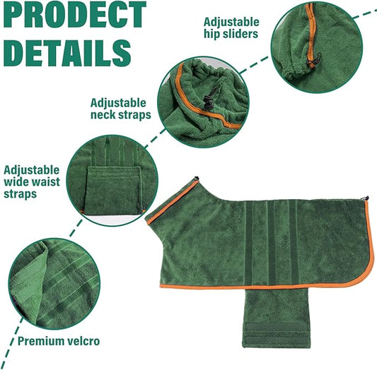 Dog Drying Coat - Fast Drying Dog Towel Robe - Microfiber Super Absorbent Pet Bathrobe, Adjustable Collar & Belly Strap Pet Coat Pet Bath Robe Towel (Large, Green)