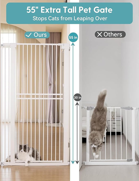 No Pawblems 55" Extra Tall Pet Gate for Cat/Dog, 29-40" Wide Auto Close Tall Dog Gate, 1.37" Ultra Narrow Spacing, NO Drilling Pressure Mounted for Doorways/Hallways, White