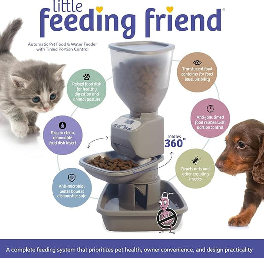 Feeding Friend® Automatic Dog & Cat Food Feeder with Water Dispenser – Smart Pet Feeder with Portion Control, OLED Display, Anti Jam Design, Battery Operated Dispenser for Small - (XS) Pets - Taupe
