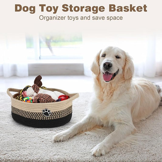 Dog Toy Basket, Toy Box and Bin for Dog Cat Storage, 13.5" X 11" X 5" Small Woven Rope Basket for Baby Storage, Closet, Living Room, Brown & Black
