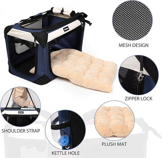 Large Cat Carrier, Collapsible Dog Travel Crate Portable Soft-Sided Pet Carrier with Super Soft Warm Plush Mat for Indoor and Outdoor 24x16x16in,Navy Blue