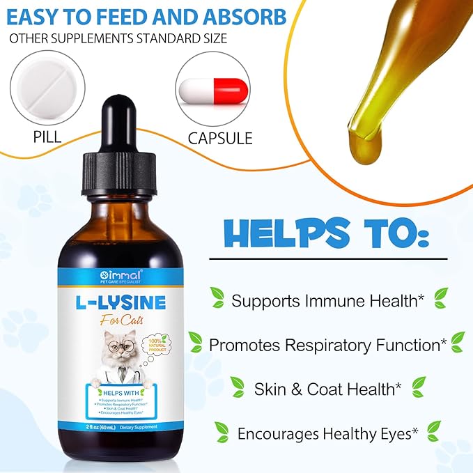 Specifically Formulated L-Lysine for Cats & Kittens, Immune, Respiratory & Sneezing, Runny Nose, Eye Function, Liquid Cat Supplement with Astragalus, Atractylodes, Dangshen & Vitamins A, B1, B2, B6