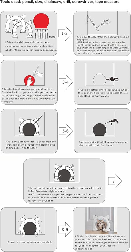 Cat Door Interior Door for Kitties, Pet Door for Hollow Door, Kitty Door, Indoor, Secured Installation in Minutes, No-Flap(White)