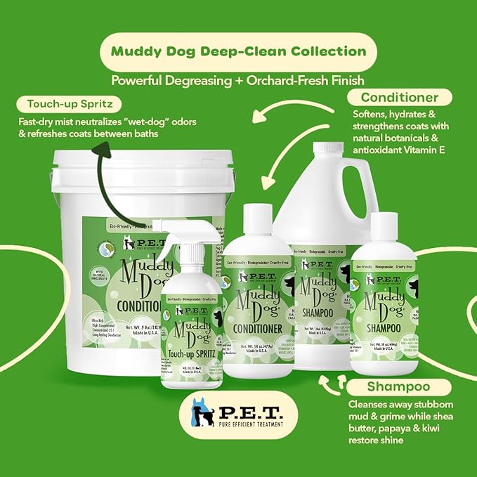 P.E.T. Muddy Dog Deep-Conditioning Rinse, 16 oz | 25 : 1 Concentrate | Shea Butter, Keratin & Papaya Blend | Fast Detangle, Odor Neutralizer & Soft-Coat Finish | Cosmetic Formula