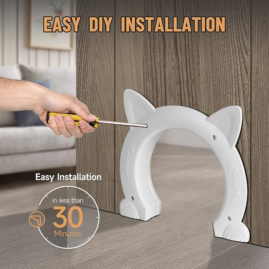 Cat Door Interior Door for Kitties, Pet Door for Hollow Door, Kitty Door, Indoor, Secured Installation in Minutes, No-Flap(White)
