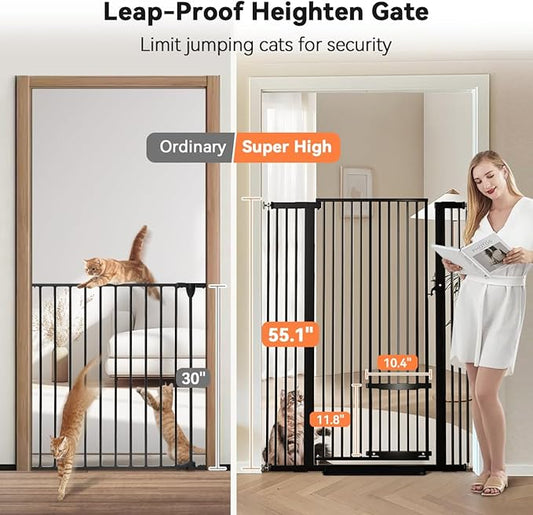 COMOMY 55.1" Extra Tall Pet Gate for Cats, 29.5-40.6" Extra Wide Cat Gate with Adjustable Cat Door, Pressure Mounted Easy Walk Through Pet Gate with Door for Stairs, Doorways, Kitchen(Black)