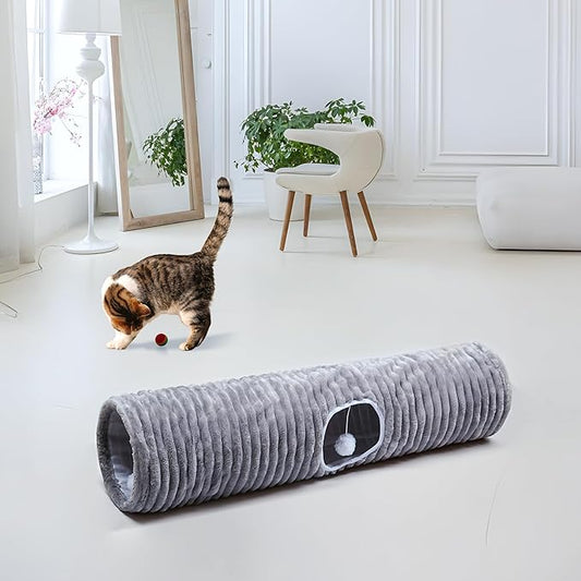 Luxurious Cat Tunnel,43" Straight Cat Tunnel Bed with Balls,Cat Toys for Indoor Cats,Collapsible Peekaboo Cat Cave for Kitten Toys (Gray Stripe)