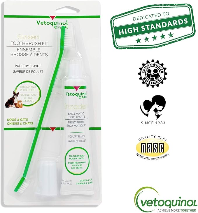 Vetoquinol Enzadent Enzymatic Toothpaste Kit + Fingerbrush & Dual-End Toothbrush for Cats & Dogs – 3.2 oz, Poultry Flavor – Oral Dental Care Kit: Removes Plaque, Polishes Teeth & Freshens Breath