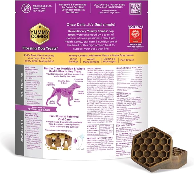 Yummy Combs Dog Dental Treats – Vet VOHC Approved – Delicious Chicken Protein – Removes Tartar with Cleaning Comb Shape – Dental Dog Treats for Large Dogs (36oz, 27 Count)
