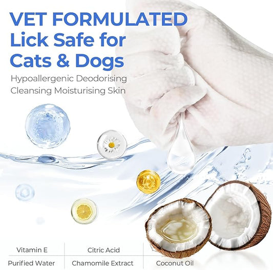 Pet Cleaning Glove Wipes for Dogs & Cats, Hypoallergenic Deodorizing Disposable No-Rinse Grooming Wipes, Wipes, Perfect for Pet Dry Cleaning, Daily Care and Travel, Coconut Scent, 8 pcs