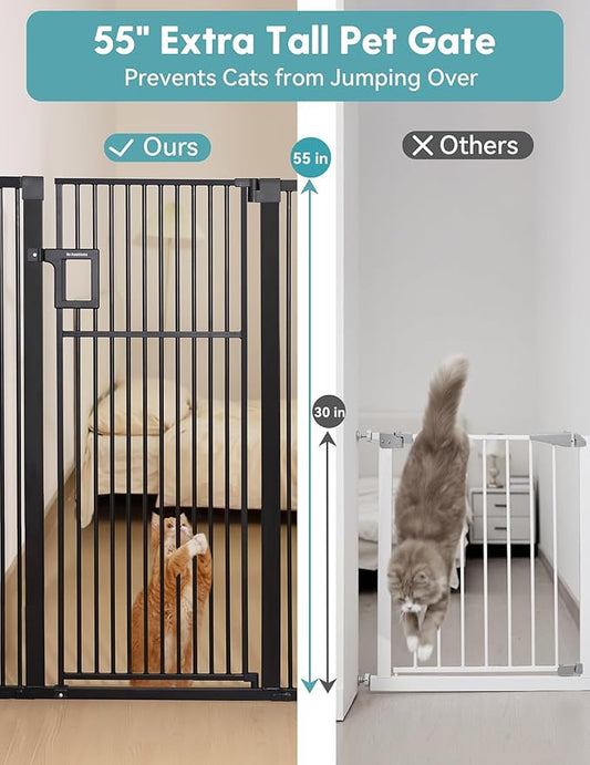 No Pawblems 55" Extra Tall Pet Gate for Cat, 29-43" Auto Close Cat Gate for Doorways/Stairs/Hallways, NO Drilling Pressure Mounted Tall Dog Gate Indoor, 1.37" Pet-Safe Gap, Black