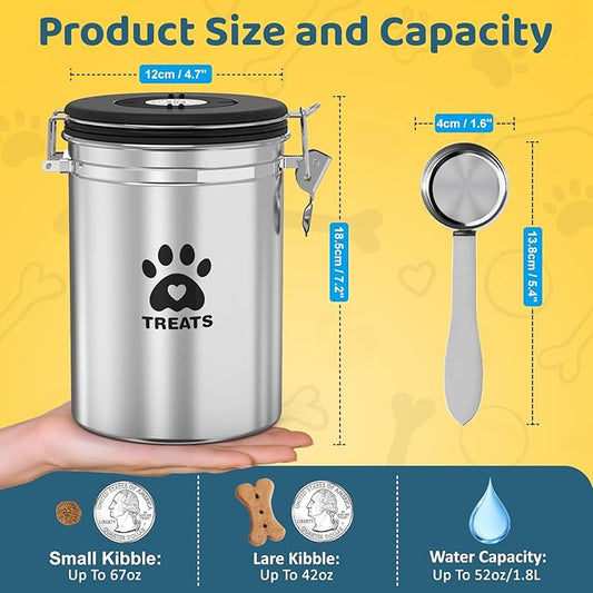 Dog Treat Container Airtight- 7.2"x4.7" Large Stainless Steel Cat Treat Jar for Kitchen Counter with Scoop, Pet Storage for Fresh Dog Cookie