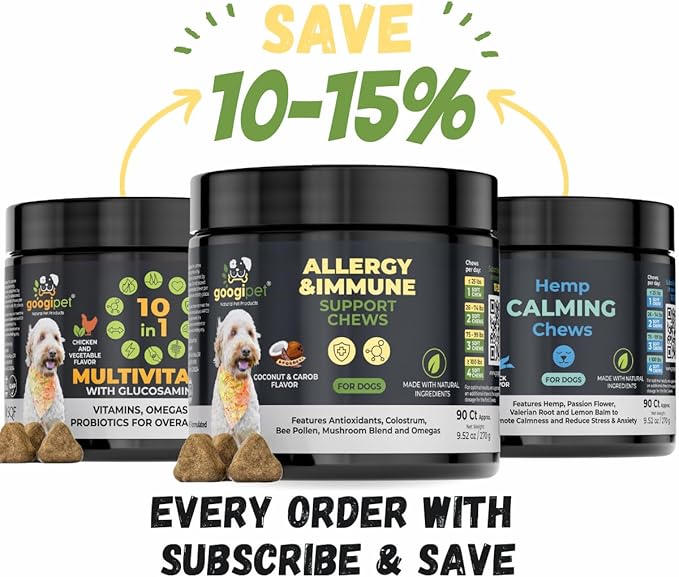 Googipet Dog Allergy Chews, Seasonal Dog Allergy Relief & Itchy Skin Relief, Skin & Coat Supplement +Bee Pollen, Colostrum, Coconut Oil, Probiotics, & Omega 3 Fish Oil for Dogs