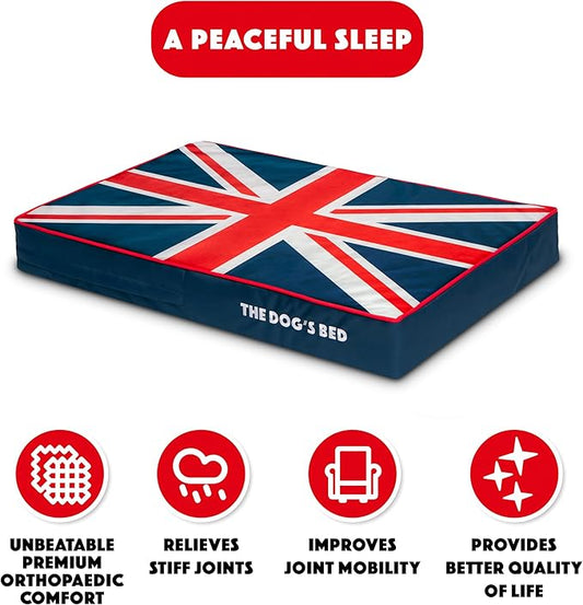 The Dog’s Bed Orthopedic Memory Foam Dog Bed, Medium Blue & Red Trim UK Center Flag, Pain Relief for Arthritis, Hip & Elbow Dysplasia, Post Surgery, Supportive, Calming, Waterproof Washable
