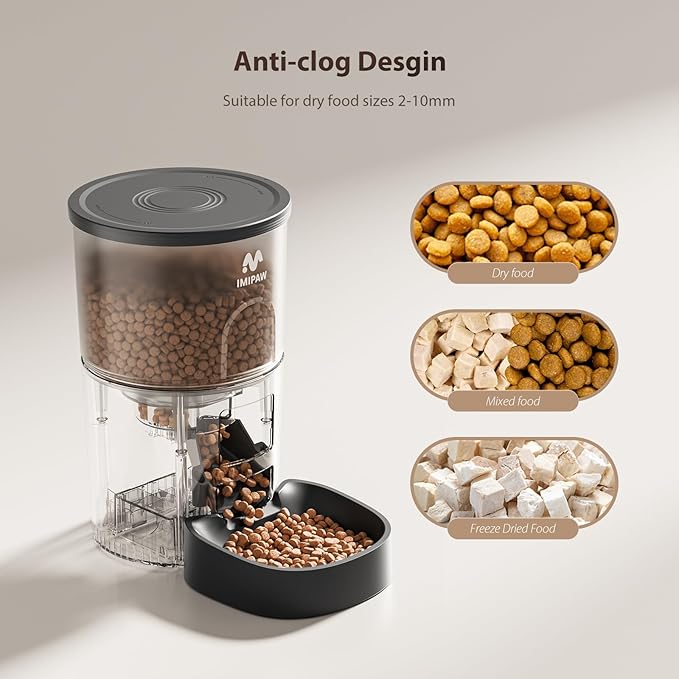 IMIPAW Automatic Cat Feeder, 5G WiFi Cat Food Dispenser with APP Remote Control, Pet Dry Food Smart Feeder, Programmable Timed Feeding, Dual Power Supply, 1-10 Meals Per Day, Desiccant Bag, Small pets