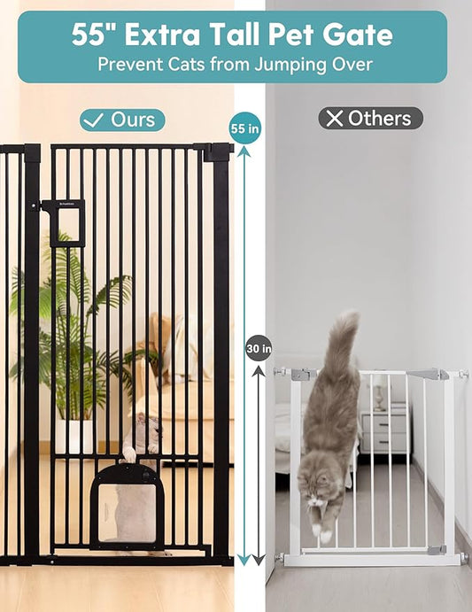 No Pawblems 55" Extra Tall Pet Gate with Adjustable Cat Door, 29-43" Auto Close Dog Gate, NO Drilling Pressure Mounted for Doorways/Hallways, 1.37" Narrow Bar Spacing, Black
